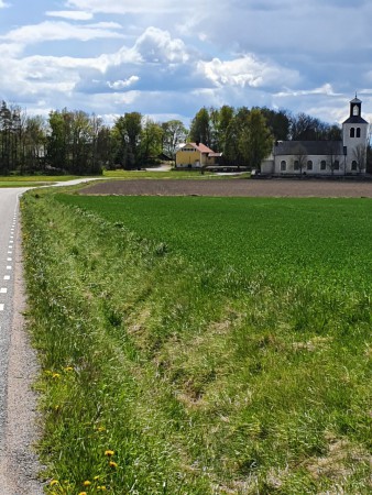 På sommaren är fältet till höger blått av lin